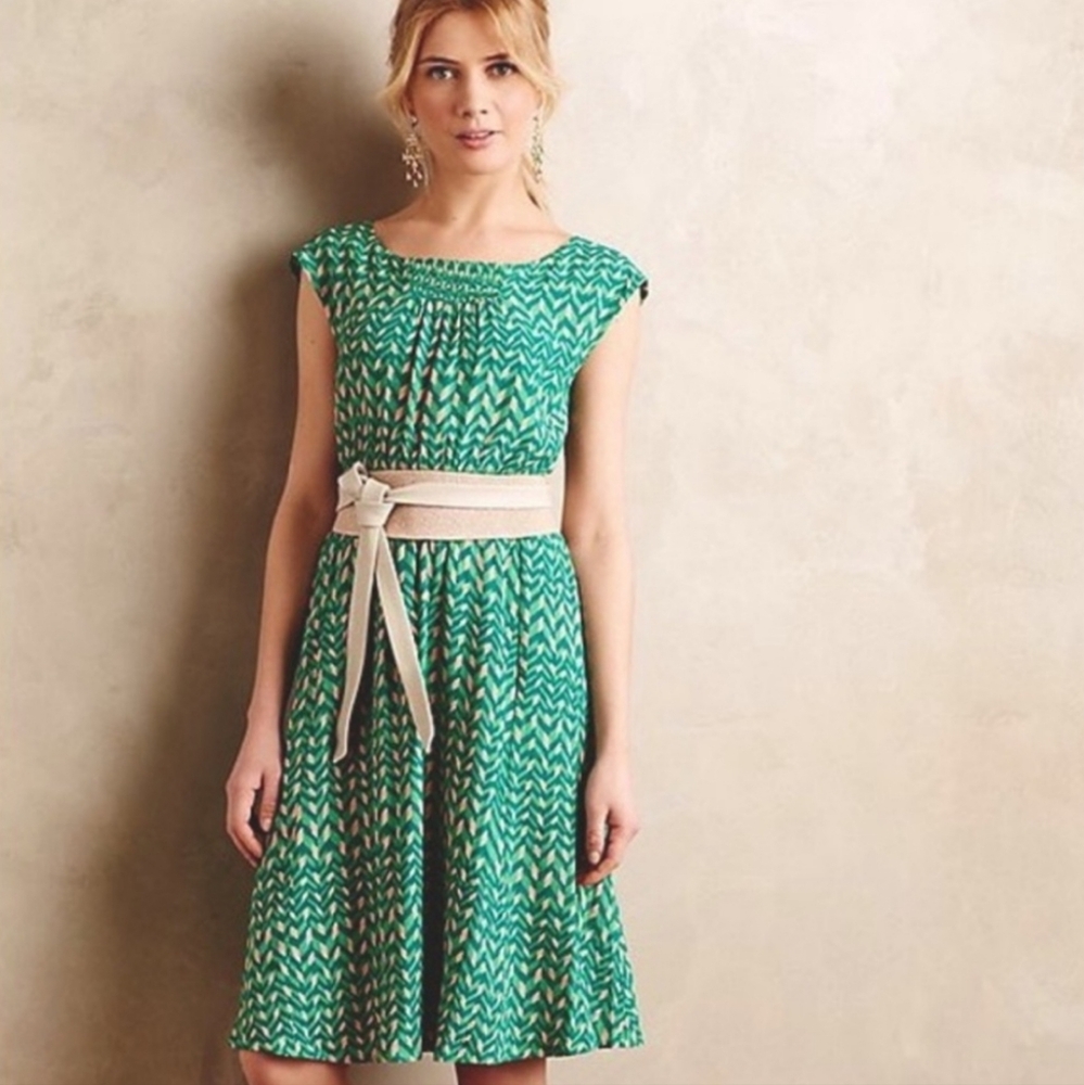 Anthropologie Maeve Evaline Smocked Dress Fully Lined Green/Cream Sz Medium
